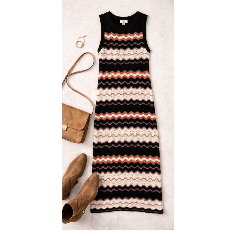 LOFT Outlet Petite MP Chevron Midi Black Rust Cream Sleeveless Sweater Dress